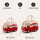 H.PAI Women's Quilted Duffle Bag - Retro Red Camper Van, Hearts & Rose Embroidery Travel Overnight Bag
