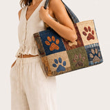 H.PAI Women's Quilted Tote Bag - Dog Paw Patchwork Rustic Boho Denim Everyday Shoulder Handbag