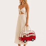 H.PAI Women's Quilted Duffle Bag - Retro Red Camper Van, Hearts & Rose Embroidery Travel Overnight Bag