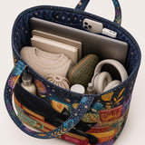 H.PAI Women's Quilted Tote Bag - Black Cat Sleeping on Books Starry Floral Travel Shoulder Bag