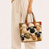 H.PAI Women's Quilted Tote Bag - Cute 3D Sheep Applique Cartoon Patchwork Everyday Shoulder Handbag