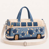 H.PAI Women's Quilted Duffle Bag - Retro Blue Hippie Van & Coastal Sea Turtle Travel Overnight Bag