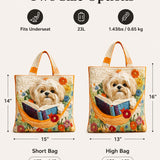H.PAI Women's Quilted Tote Bag - Cute Shih Tzu Dog Reading Book & Wildflower Floral Cottagecore Large Shoulder Handbag