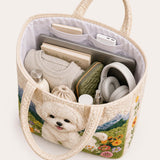 H.PAI Women's Quilted Tote Bag - Cute Fluffy Dog & Wildflower Mountain Landscape Aesthetic Shoulder Handbag