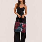 H.PAI Gothic Raven Flower Quilted Tote Bag