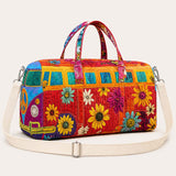 H.PAI Women's Quilted Duffle Bag - Retro 70s Colorful Hippie Van, Sunflowers Travel Overnight Bag