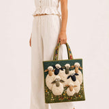 H.PAI Women's Quilted Tote Bag - Dark Green Meadow Fluffy Sheep Top-Handle Shoulder Bag