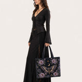 H.PAI Celestial Moth & Moon Floral Quilted Tote Bag
