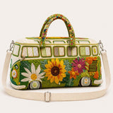 H.PAI Women's Quilted Duffle Bag - Retro 70s Hippie Van & Sunflower Travel Overnight Bag