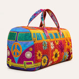 H.PAI Women's Quilted Duffle Bag - Retro 70s Colorful Hippie Van, Sunflowers Travel Overnight Bag