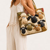 H.PAI Women's Quilted Tote Bag - Cute 3D Sheep Applique Cartoon Patchwork Everyday Shoulder Handbag