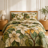 H.PAI Ivory Magnolia Quilted 3-Piece Bedding Set