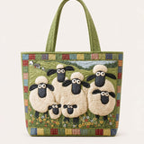 H.PAI Women's Quilted Tote Bag - Green Pastoral Sheep Flock Patchwork Top-Handle Shoulder Bag
