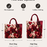 H.PAI Women's Quilted Tote Bag - Romantic 3D Rose Floral Applique & Heart Velvet Luxury Elegant Handbag