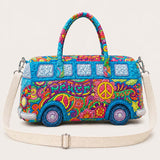 H.PAI Women's Quilted Duffle Bag - Retro 70s Psychedelic Hippie Van, Peace & Love Travel Overnight Bag