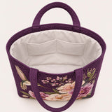 H.PAI Women's Quilted Tote Bag - Dark Purple Floral Hummingbird Embroidered Top-Handle Shoulder Bag