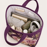 H.PAI Women's Quilted Tote Bag - Dark Purple Floral Hummingbird Embroidered Top-Handle Shoulder Bag