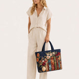 H.PAI Women's Quilted Tote Bag - Navy Blue Vintage Books & Floral Top-Handle Travel Carry-On Bag