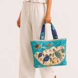 H.PAI Women's Quilted Tote Bag - Ocean Sea Turtle & Shell Coastal Travel Shoulder Bag