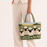 H.PAI Women's Quilted Tote Bag - Green Meadow Sheep & Daisy Embroidered Shoulder Bag