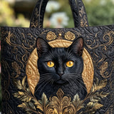 H.PAI Women's Quilted Tote Bag - Regal Black Cat & Baroque Gold Ornament Luxury Elegant Shoulder Handbag