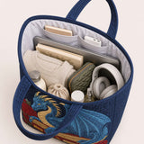 H.PAI Women's Quilted Tote Bag - Navy Blue Dragon & Vintage Book Top-Handle Shoulder Bag