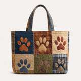 H.PAI Women's Quilted Tote Bag - Dog Paw Patchwork Rustic Boho Denim Everyday Shoulder Handbag