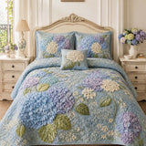 H.PAI Blue Hydrangea Floral Quilted 3-Piece Bedding Set