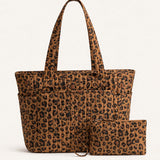 Leopard Print Quilted Cotton Tote Bag With Matching Pouch