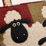 H.PAI Women's Quilted Tote Bag - Vintage Burgundy Sheep Flock Patchwork Top-Handle Shoulder Bag