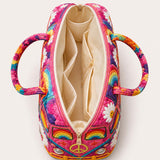 H.PAI Women's Quilted Duffle Bag - Retro 70s Rainbow Hippie Van, Smiley Daisy Travel Overnight Bag