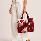 H.PAI Women's Quilted Tote Bag - Romantic 3D Rose Floral Applique & Heart Velvet Luxury Elegant Handbag