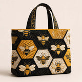 H.PAI Women's Quilted Tote Bag - Honeybee & Hexagon Geometric Embroidered Top-Handle Shoulder Bag