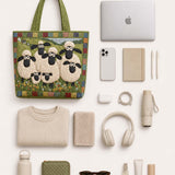 H.PAI Women's Quilted Tote Bag - Green Pastoral Sheep Flock Patchwork Top-Handle Shoulder Bag