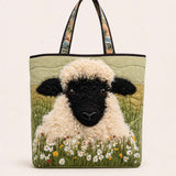 H.PAI Women's Quilted Tote Bag - Sage Green Fluffy Blackface Sheep Top-Handle Shoulder Bag