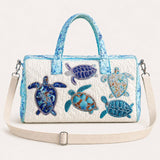 H.PAI Women's Quilted Duffle Bag - Coastal Sea Turtle Embroidered Travel Overnight Bag