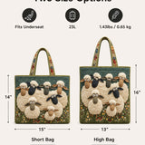H.PAI Women's Quilted Tote Bag - Dark Green Meadow Fluffy Sheep Top-Handle Shoulder Bag