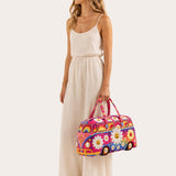 H.PAI Women's Quilted Duffle Bag - Retro 70s Rainbow Hippie Van, Smiley Daisy Travel Overnight Bag