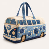 H.PAI Women's Quilted Duffle Bag - Retro Blue Hippie Van & Coastal Sea Turtle Travel Overnight Bag