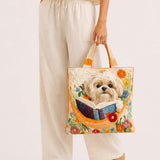 H.PAI Women's Quilted Tote Bag - Cute Shih Tzu Dog Reading Book & Wildflower Floral Cottagecore Large Shoulder Handbag