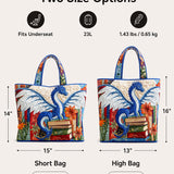 H.PAI Women's Quilted Tote Bag - Blue Dragon & Books Print Floral Top-Handle Travel Carry-On Bag