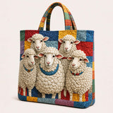 H.PAI Women's Quilted Tote Bag - Colorful Patchwork Fluffy Sheep Top-Handle Shoulder Bag