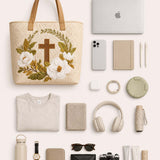 Christian Cross & Magnolia Floral Quilted Tote Bag