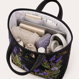 H.PAI Women's Quilted Tote Bag - Black Cat & Lavender Floral Aesthetic Cottagecore Shoulder Handbag