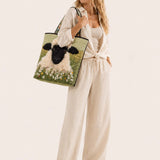 H.PAI Women's Quilted Tote Bag - Sage Green Fluffy Blackface Sheep Top-Handle Shoulder Bag