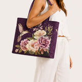 H.PAI Women's Quilted Tote Bag - Dark Purple Floral Hummingbird Embroidered Top-Handle Shoulder Bag