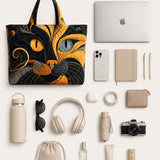 H.PAI Women's Quilted Tote Bag - Artistic Abstract Cat Face Patchwork Boho Luxury Shoulder Handbag