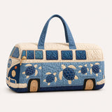 H.PAI Women's Quilted Duffle Bag - Retro Blue Hippie Van & Coastal Sea Turtle Travel Overnight Bag