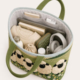H.PAI Women's Quilted Tote Bag - Green Meadow Sheep & Daisy Embroidered Shoulder Bag