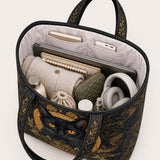 H.PAI Women's Quilted Tote Bag - Regal Black Cat & Baroque Gold Ornament Luxury Elegant Shoulder Handbag